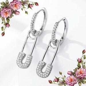 Cubic Zirconia Safety Pin Drop Earrings